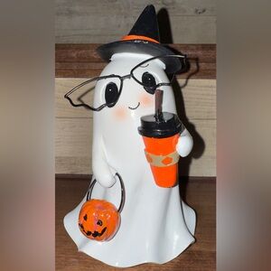 Super Cute 🥰 Nerd Ghost Figurine With Pumpkin 🎃 Latte, Glasses & Witch 🧙 Hat